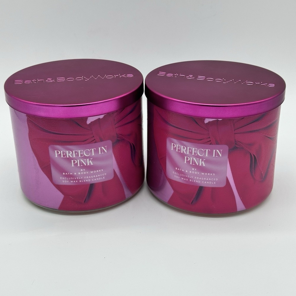 2 BATH & BODY WORKS PERFECT IN PINK 3-WICK FRAGRANCED SOY WAX BLEND CANDLE NEW